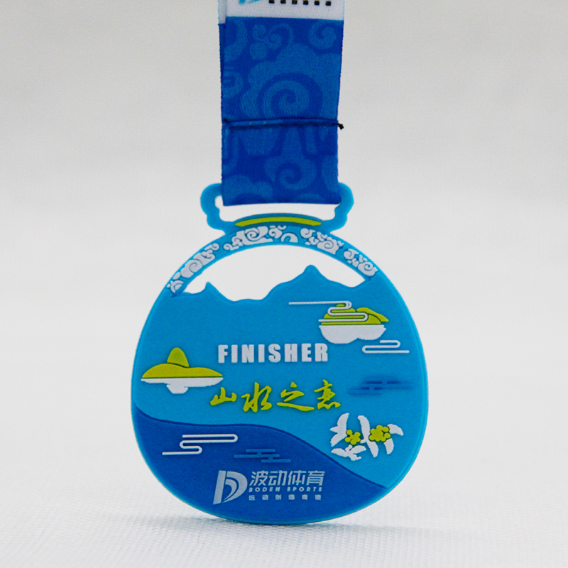 Blue snow and ice mountain ribbon medal white river red flower hollow landscape international marathon PVC medal